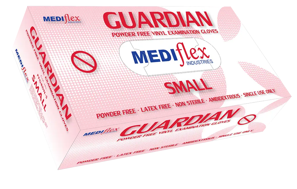 Mediflex Guardian powder free vinyl gloves box small size with latex free and ambidextrous features